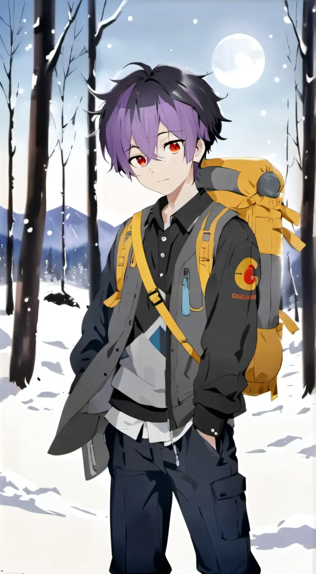 ai character: snowy mountains background