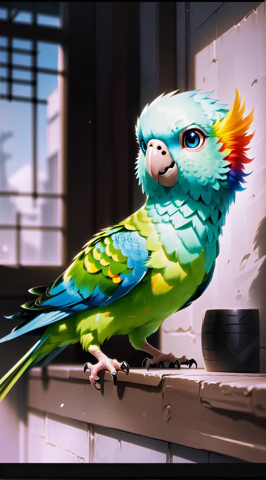 ai character: Polychrome Parakeet Phantom background