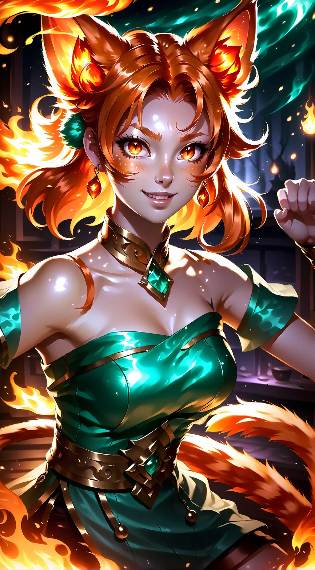 ai character: Fiery Ember Feline Spirit background