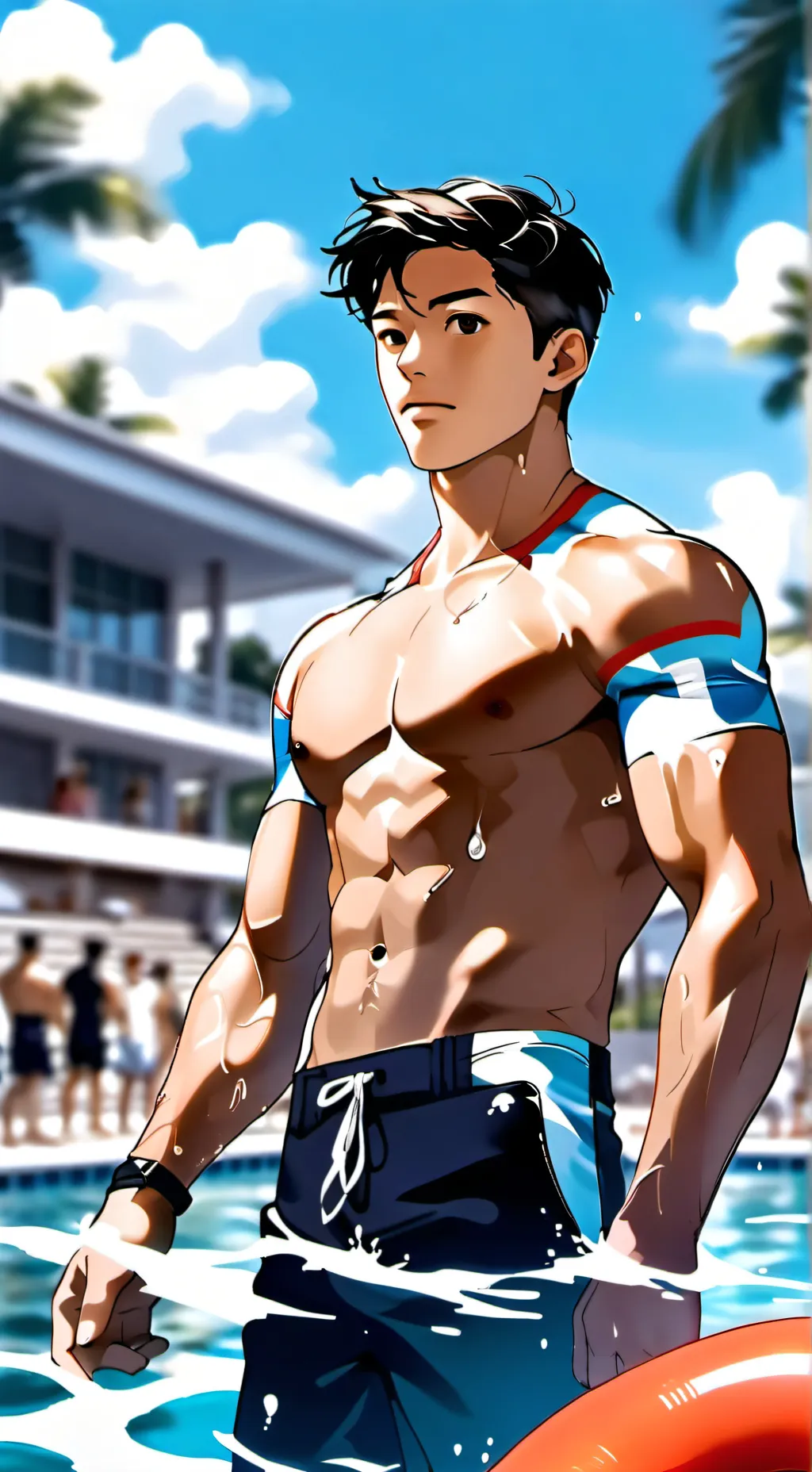ai character: Strong lifeguard  background