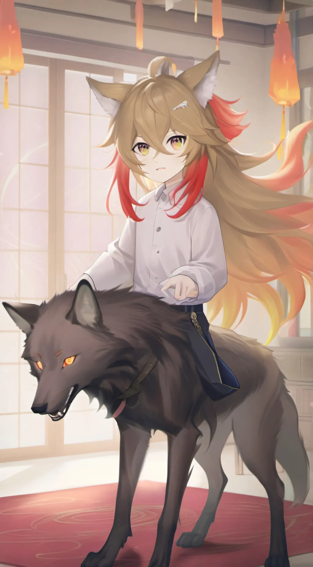ai character: Flame Wolf Furry background