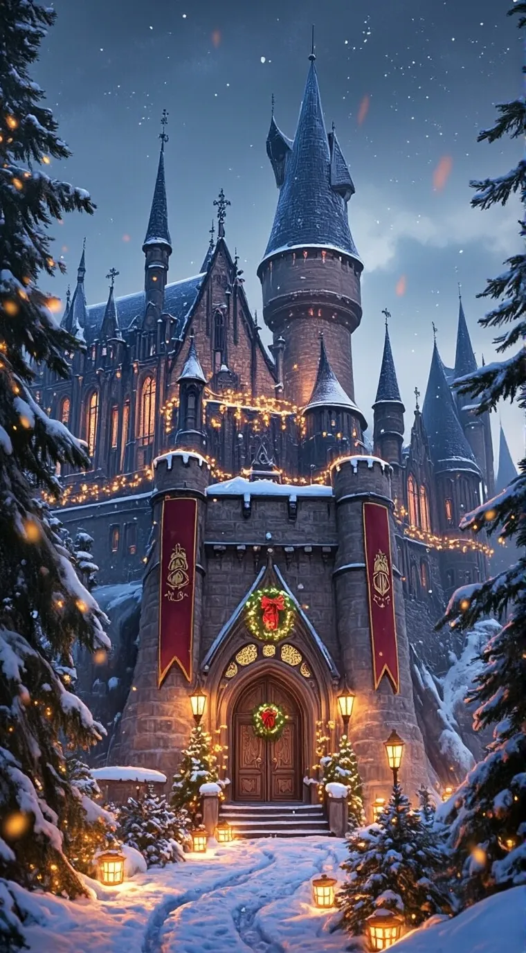 ai character: Hogwarts🎄Christmas background