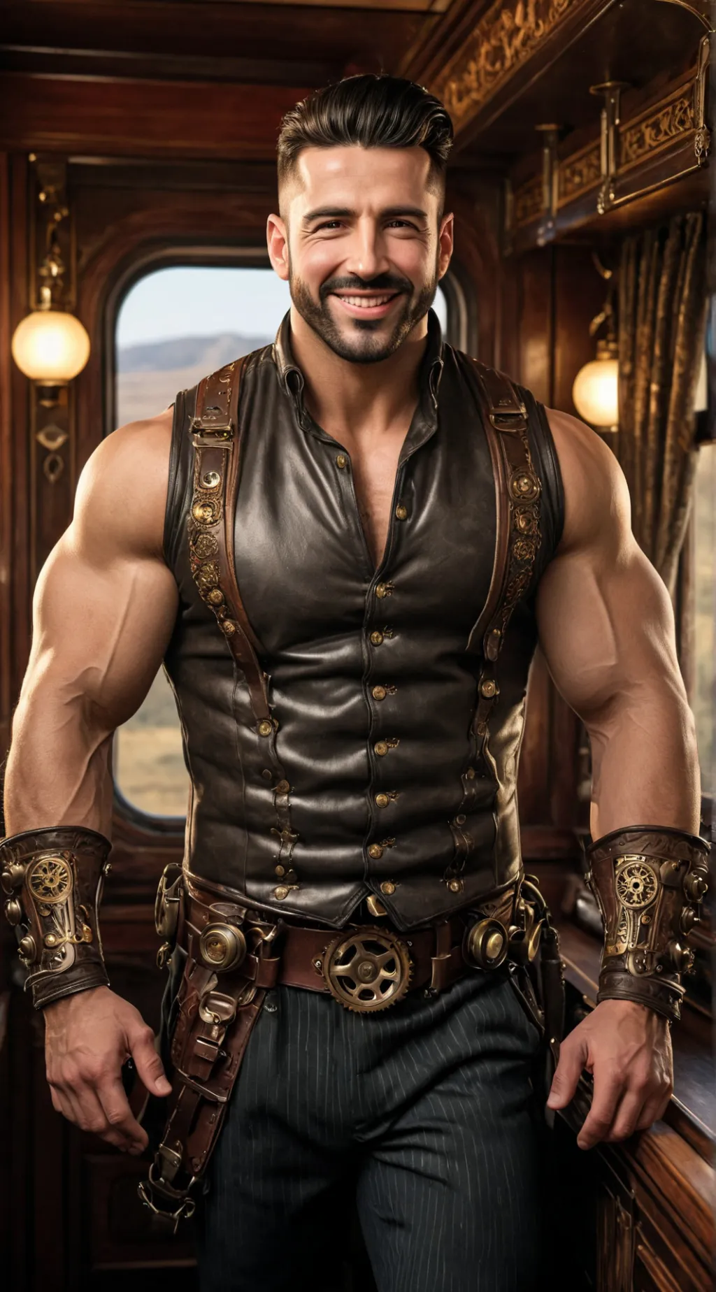 ai character: steampunk J. West background