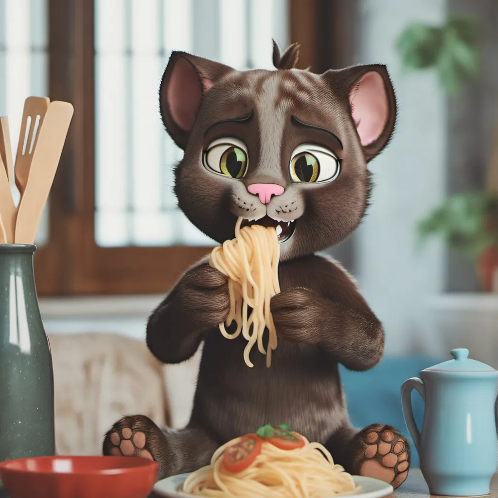 chat with ai character: talking Tom eating