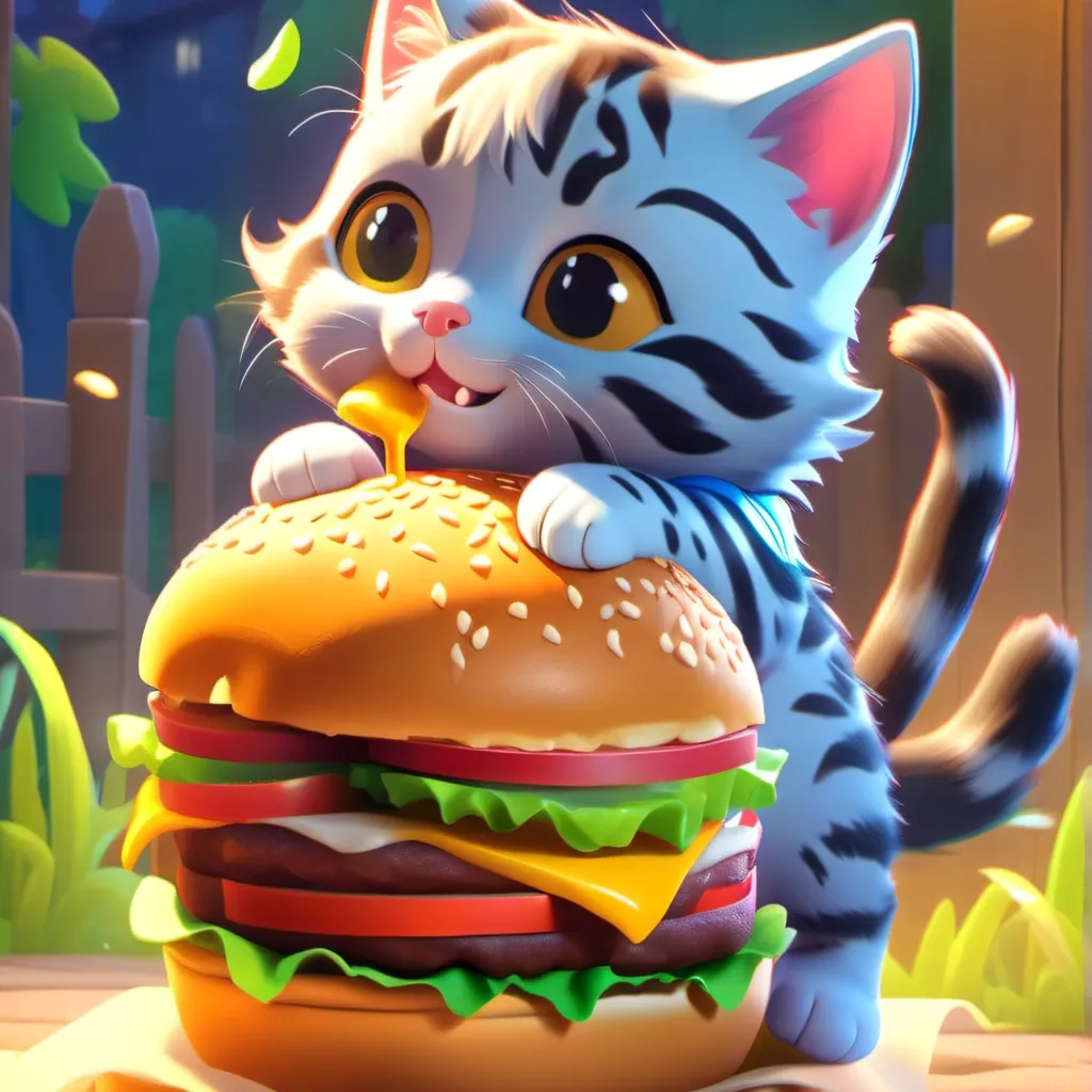 chat with ai character: kitten with burger