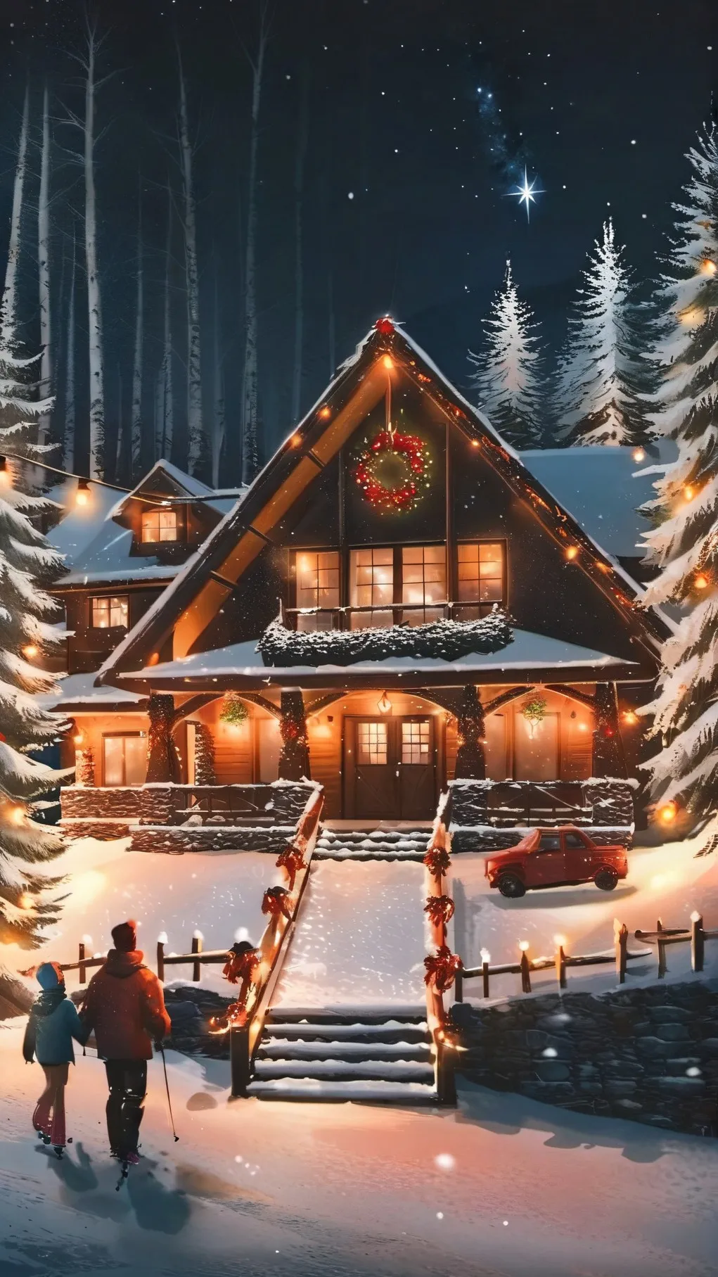 ai character: Christmas lodge background