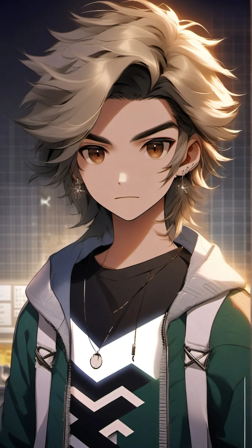 ai character: M human x M alien background