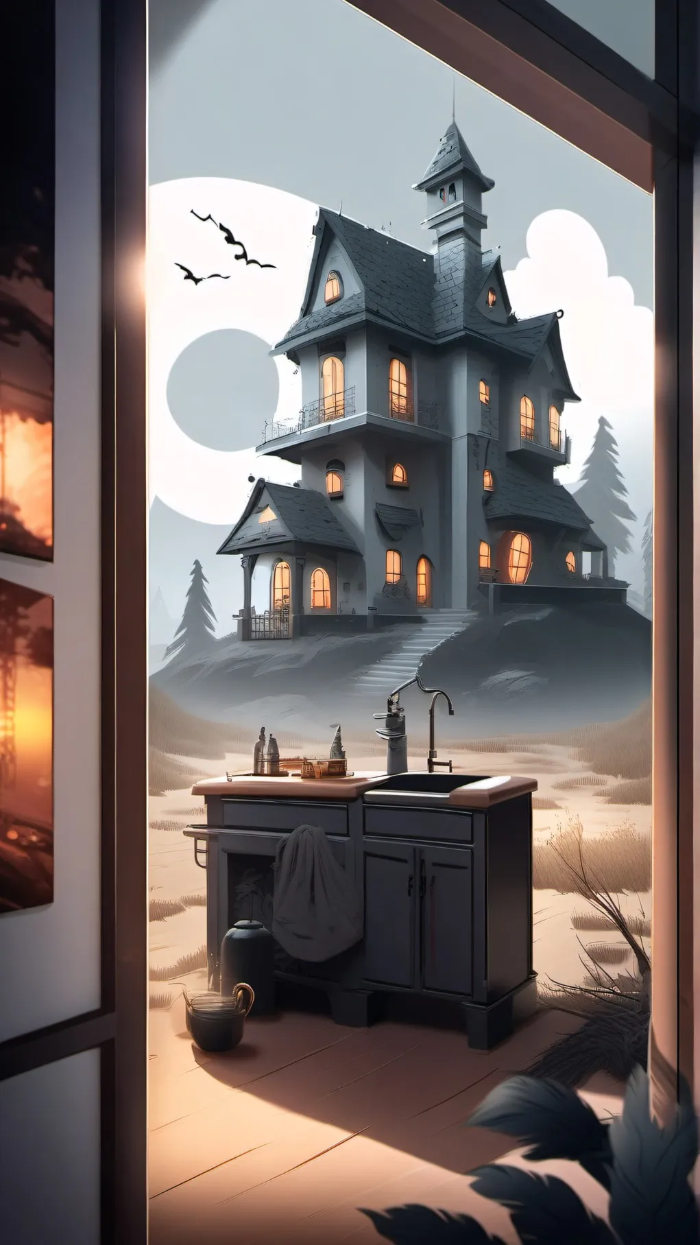 ai character: haunded house background