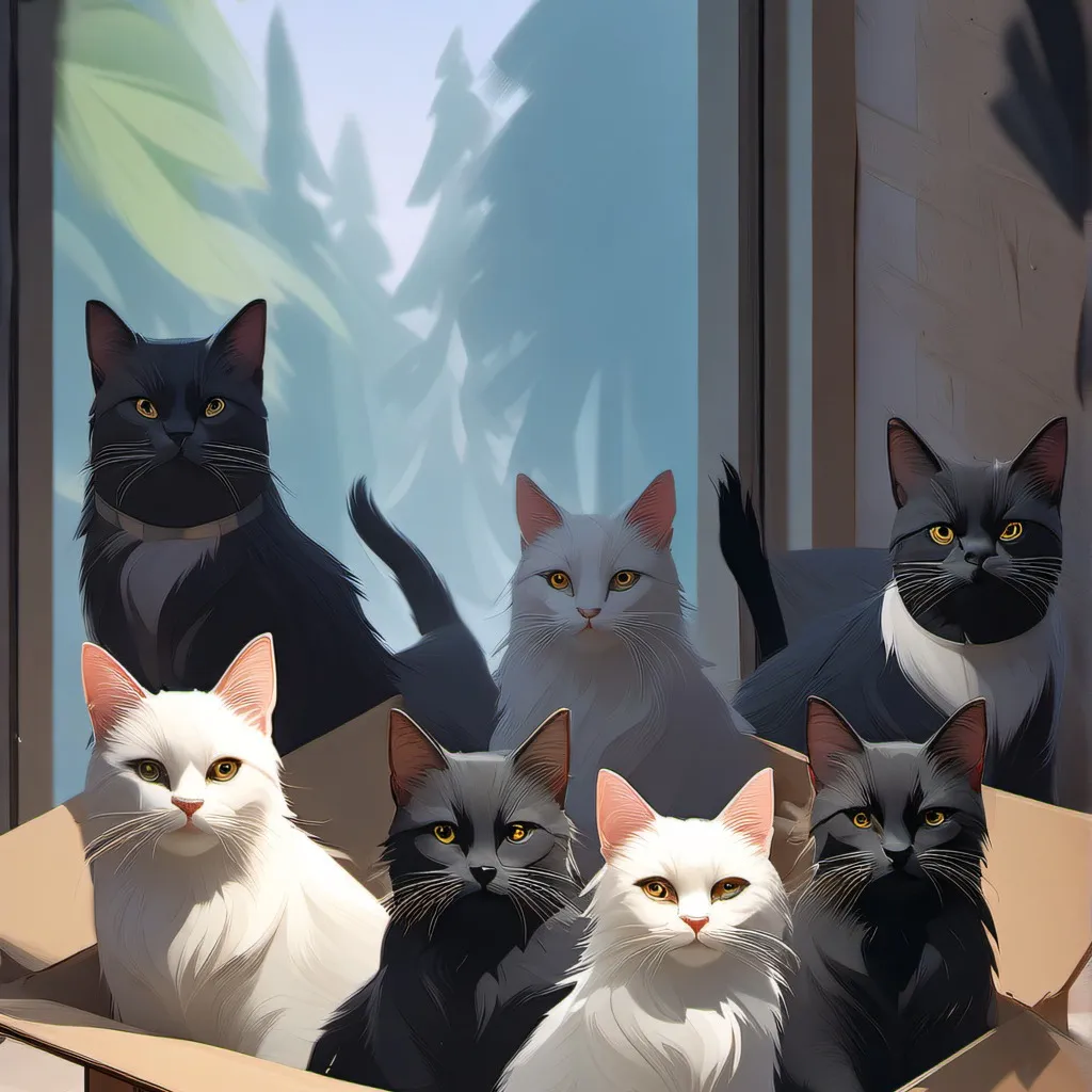 chat with ai character: 8 cats in a box 