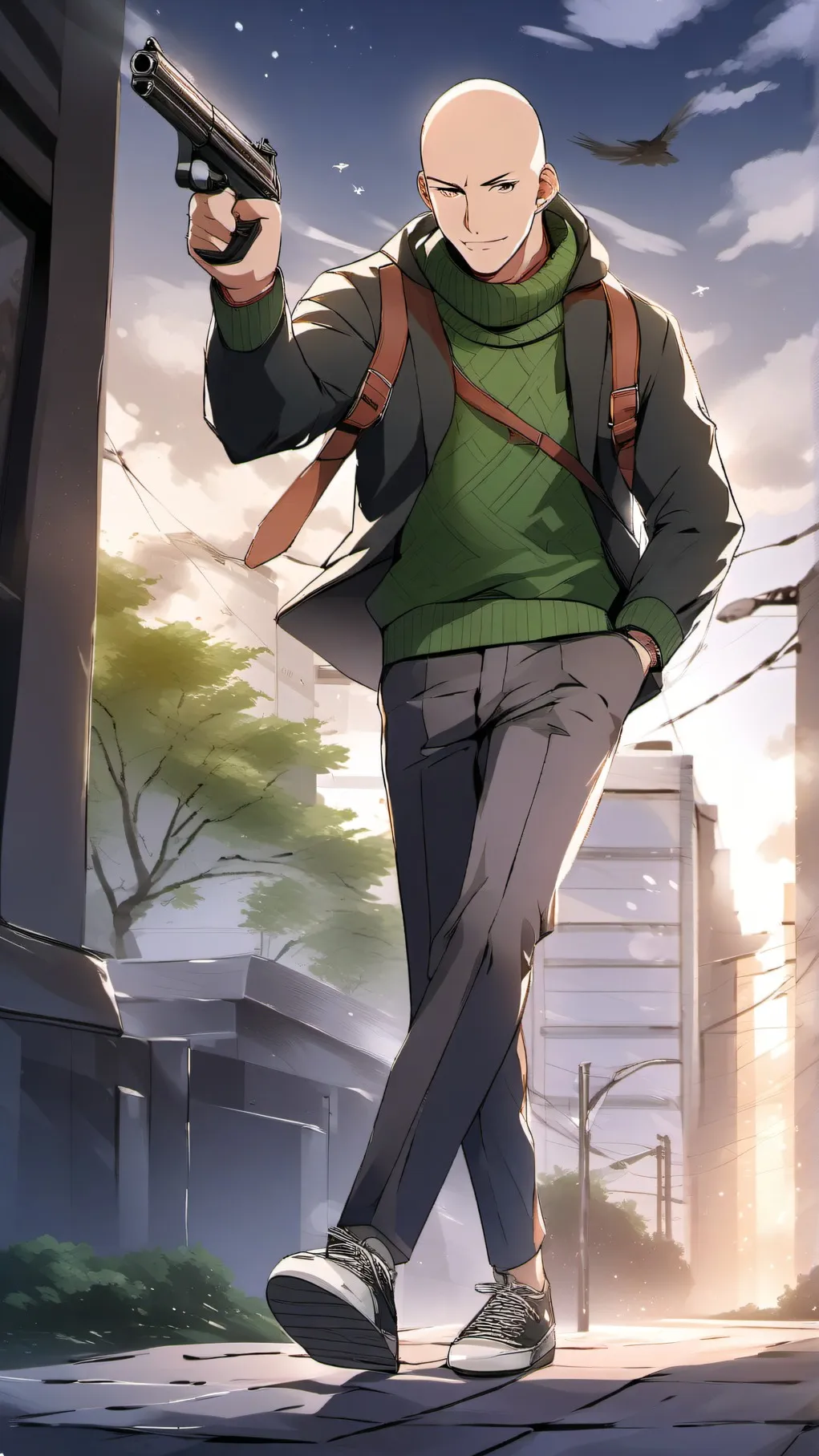 ai character: baldi with a gun background