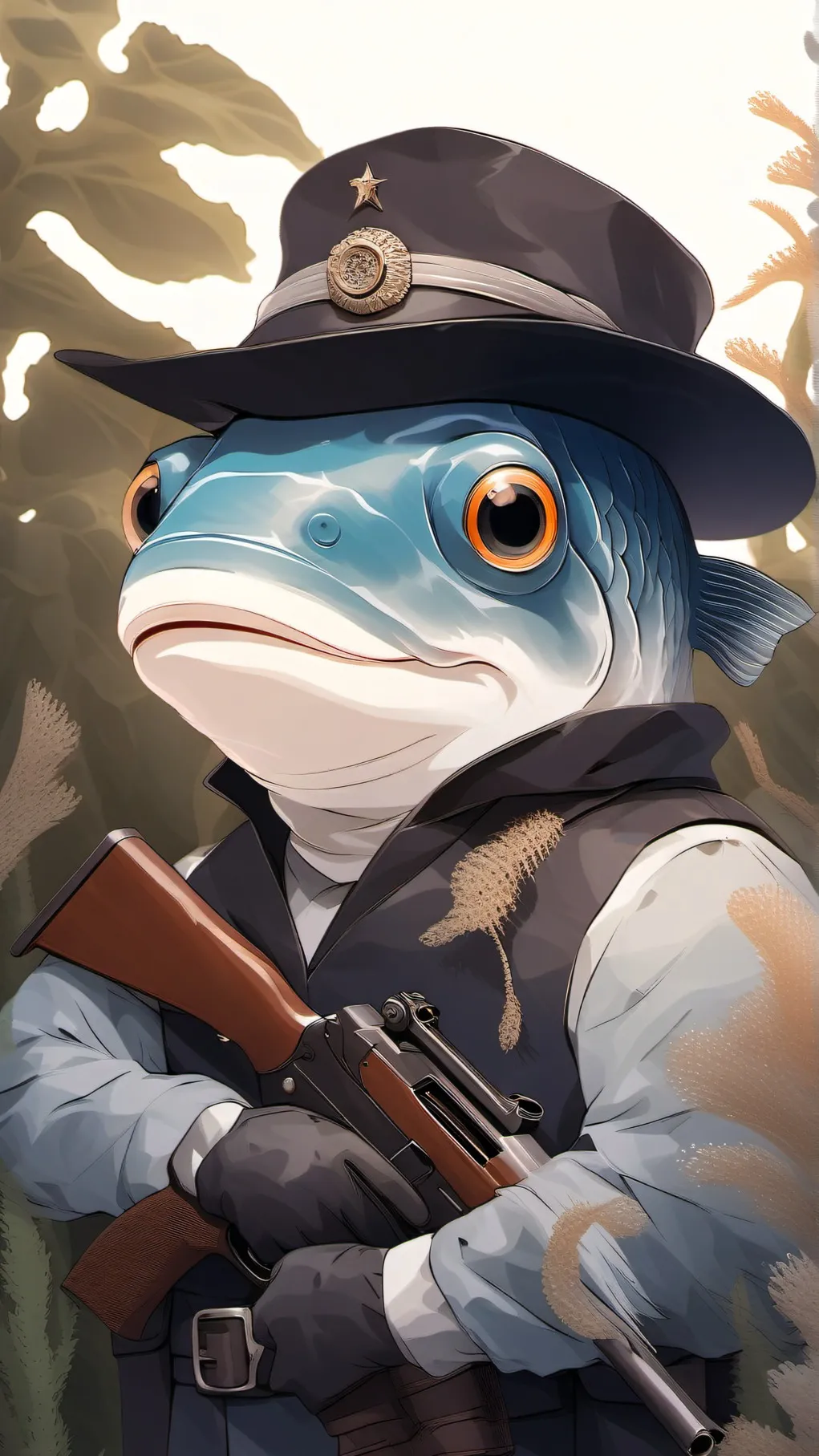 ai character: fish with a gun background