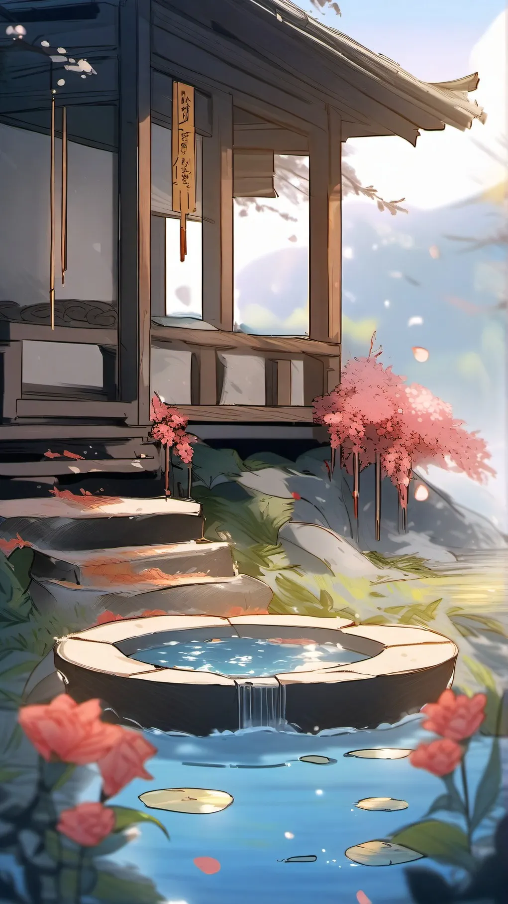ai character: KNY hot springs background