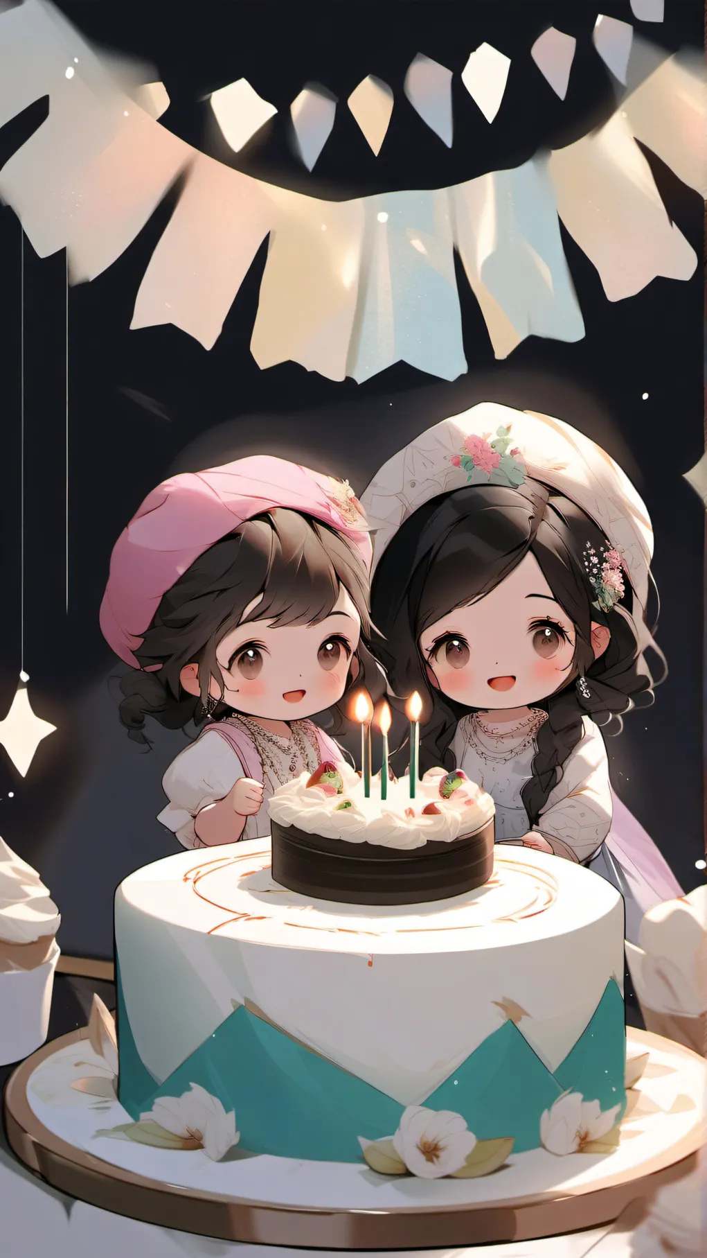 ai character: 2 baby girl brithd background