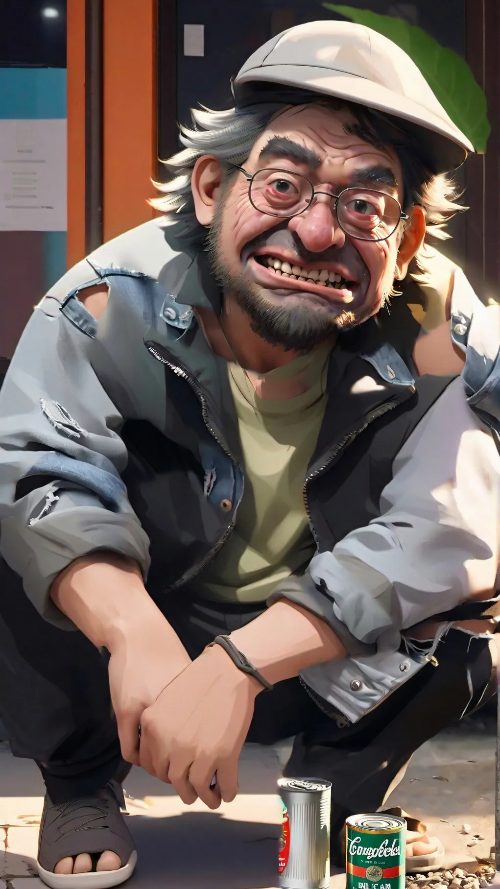 ai character: homeless guy  background