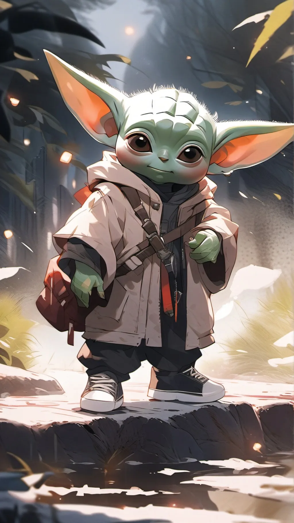 ai character: baby Yoda ROASTER background