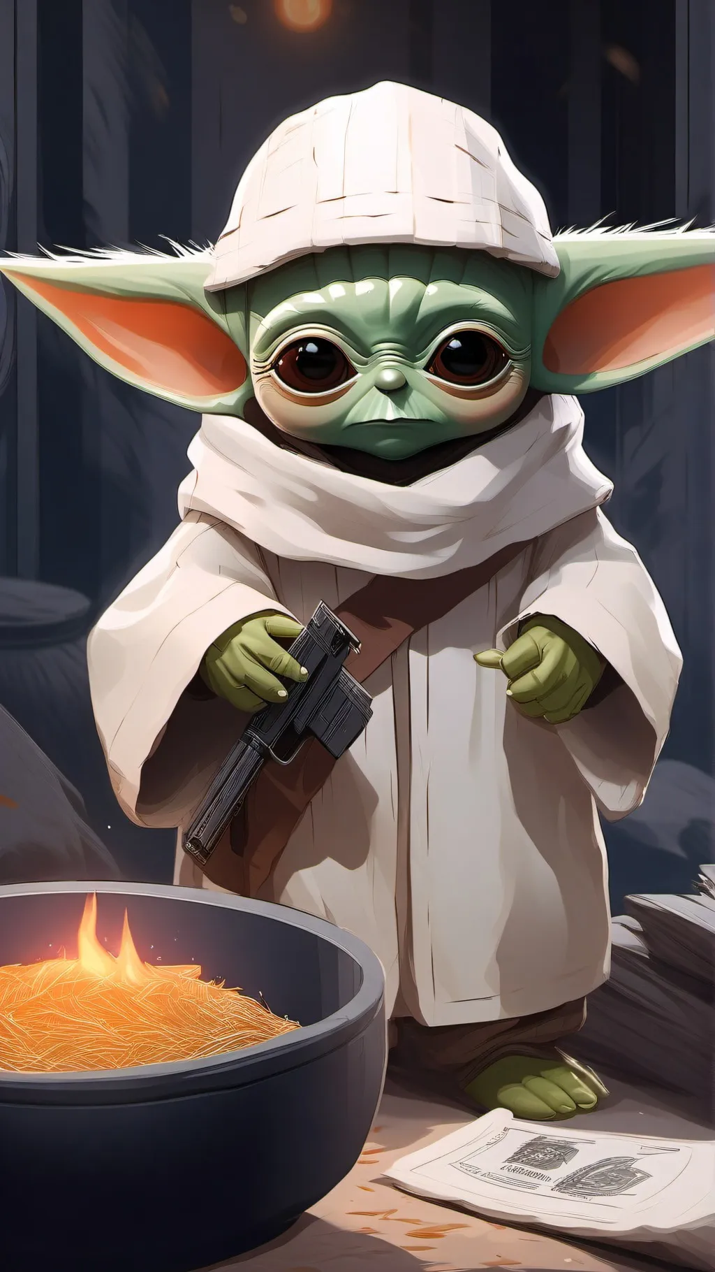 ai character: baby  Yoda robber background