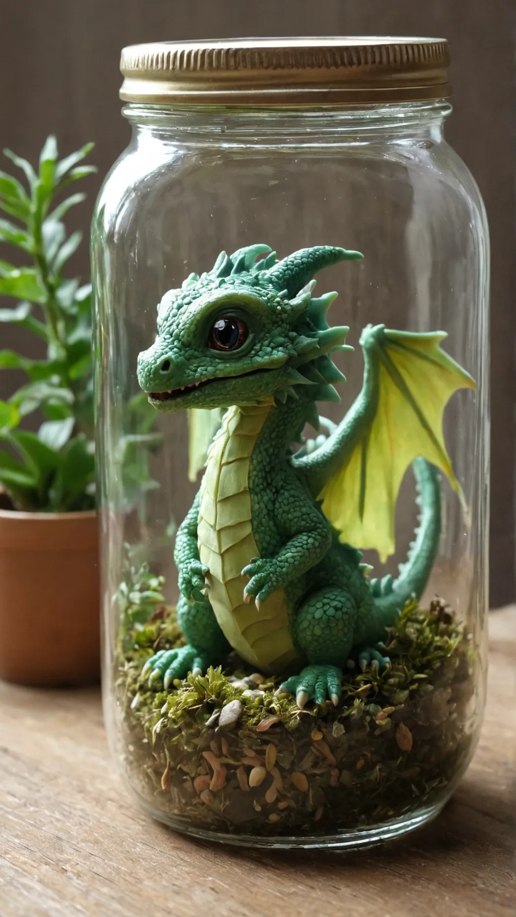 ai character: baby dragon in jar background