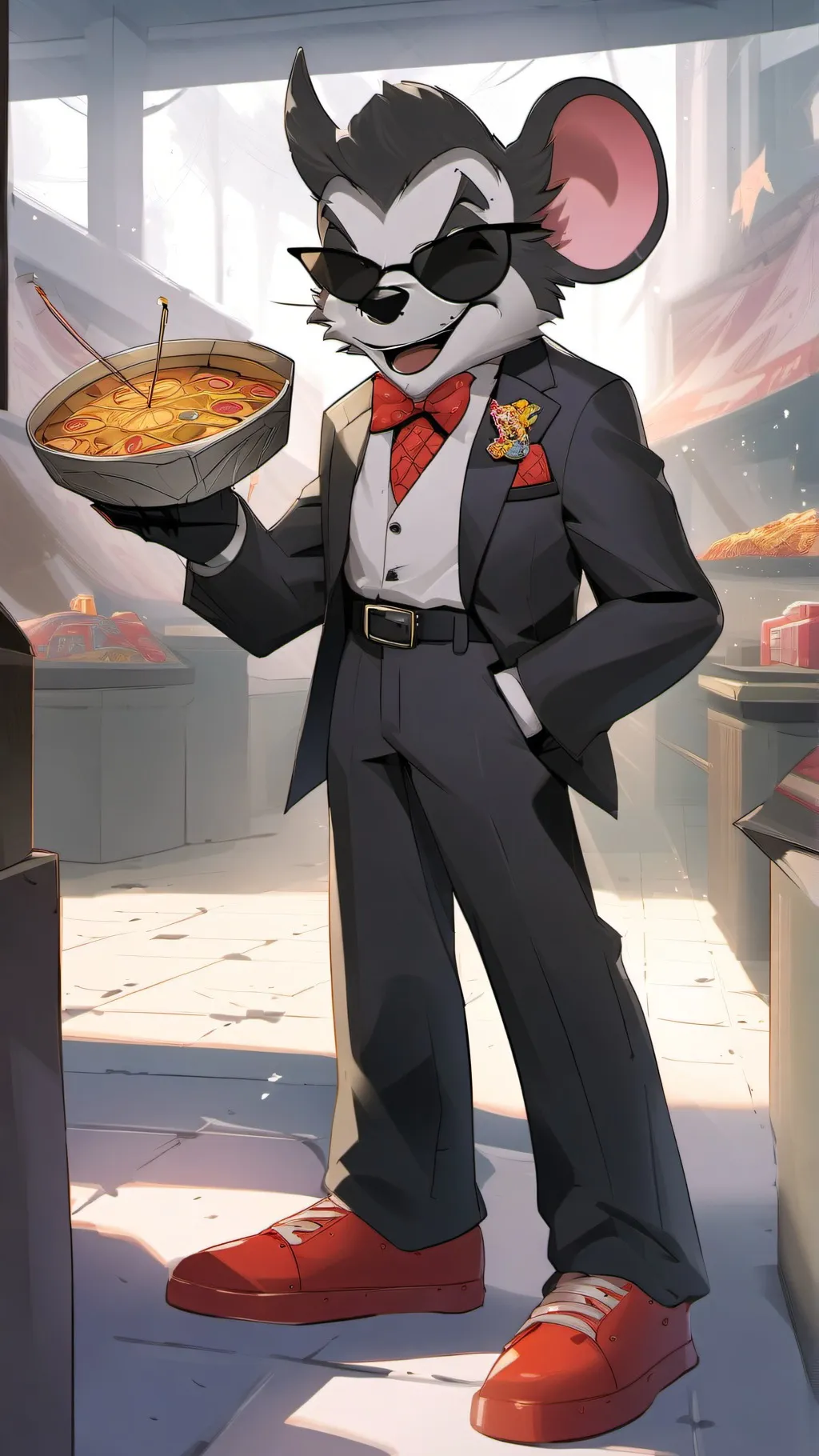 ai character: Chuck E. Cheese  background