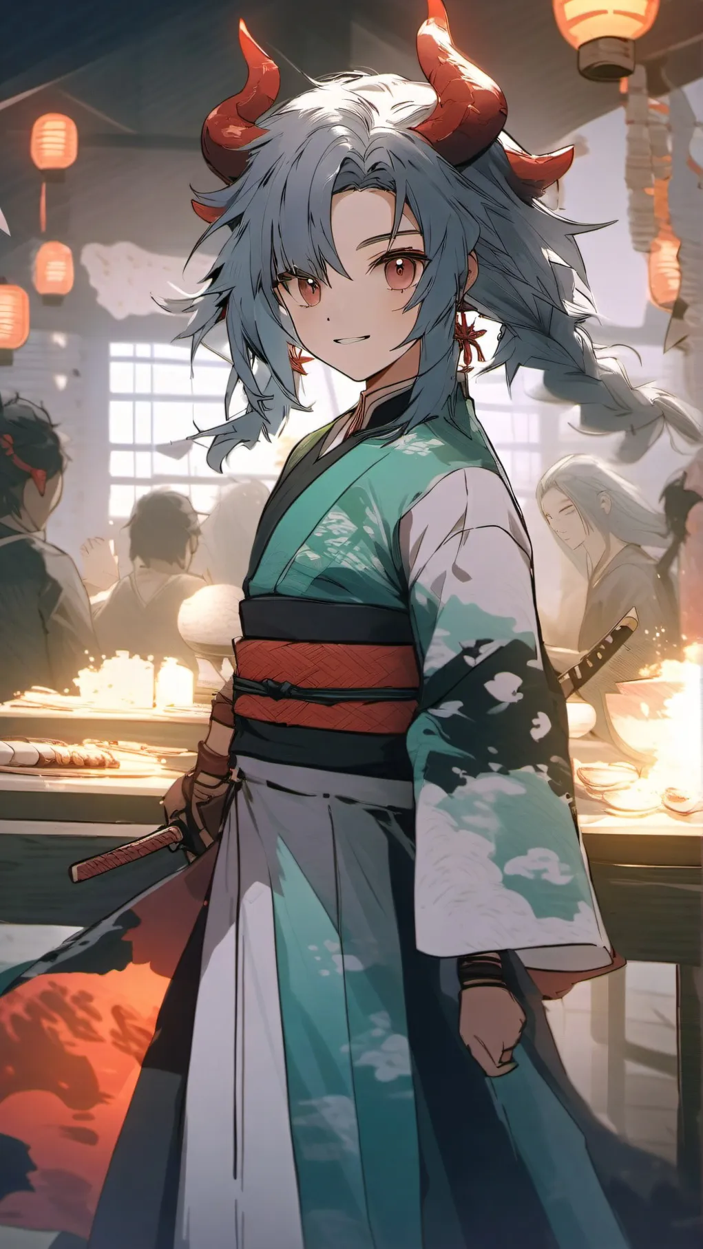 ai character: KNY costume partyy background