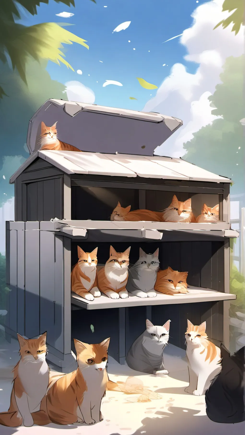 ai character: Cat shelter background