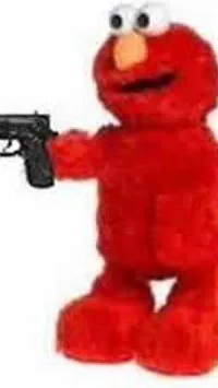 ai character: Elmo with gun background