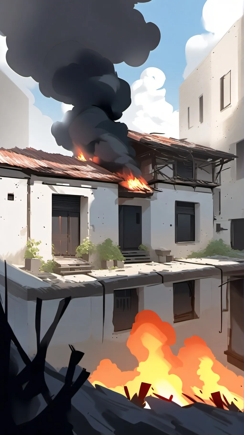 ai character: building fire background