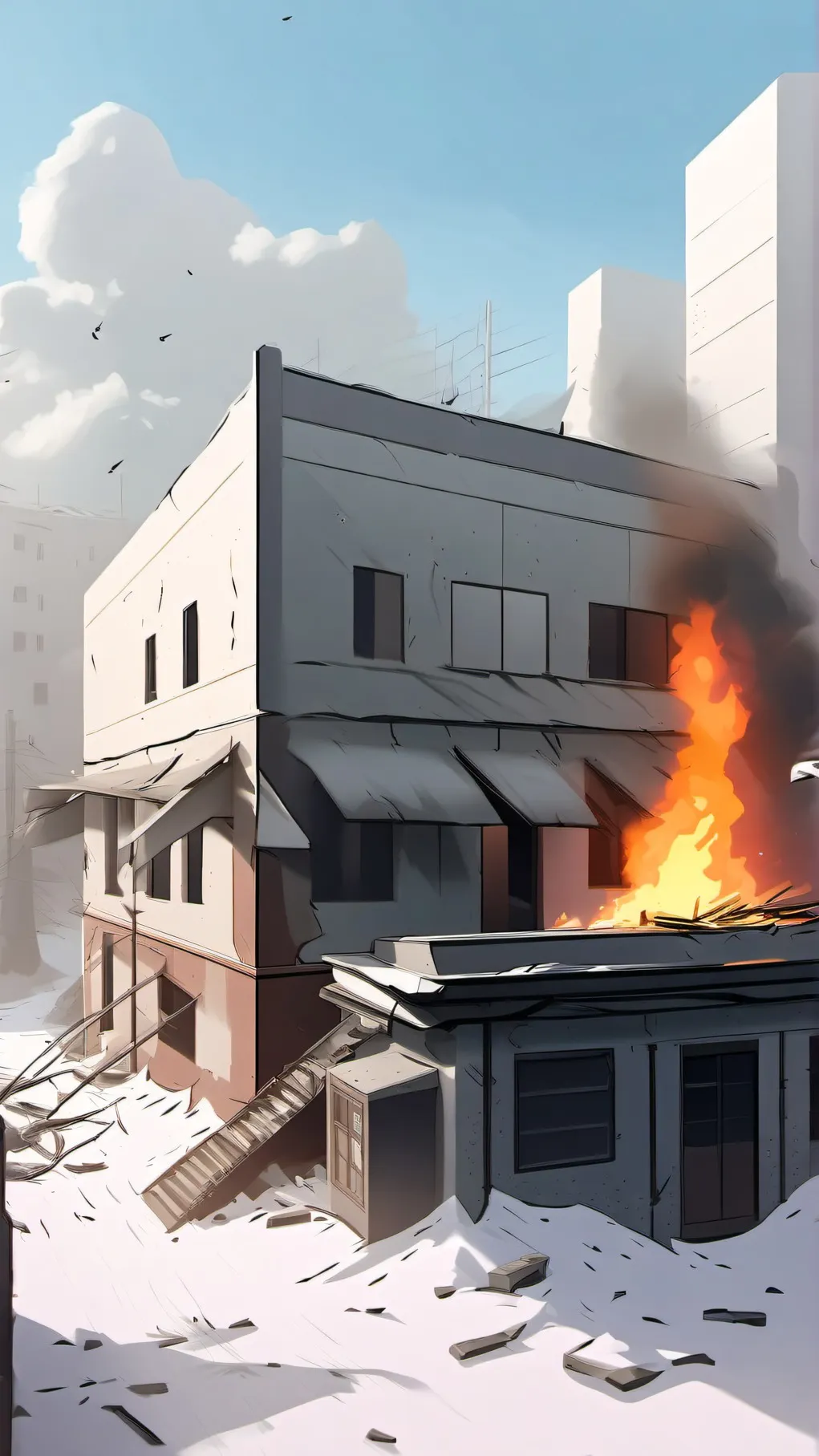 ai character: burning bulding background