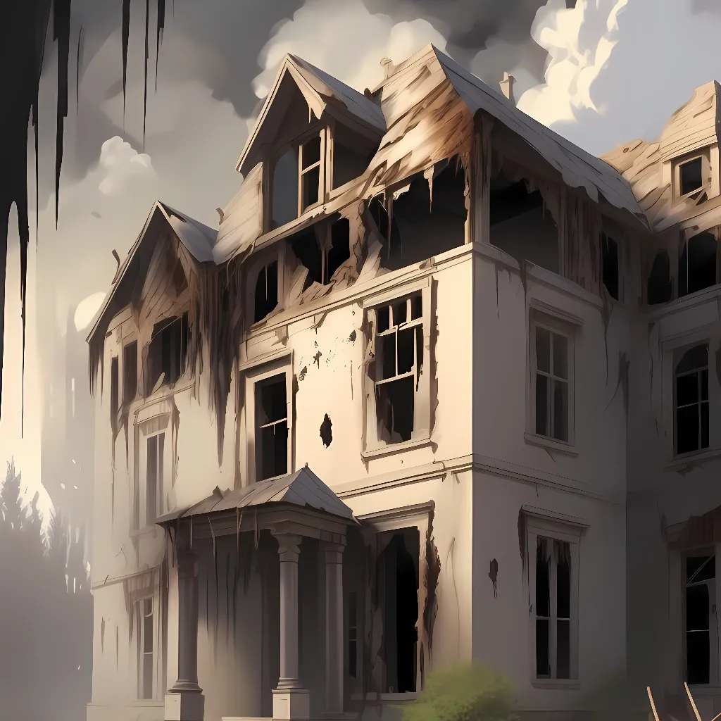 chat with ai character: Haunted burnt home
