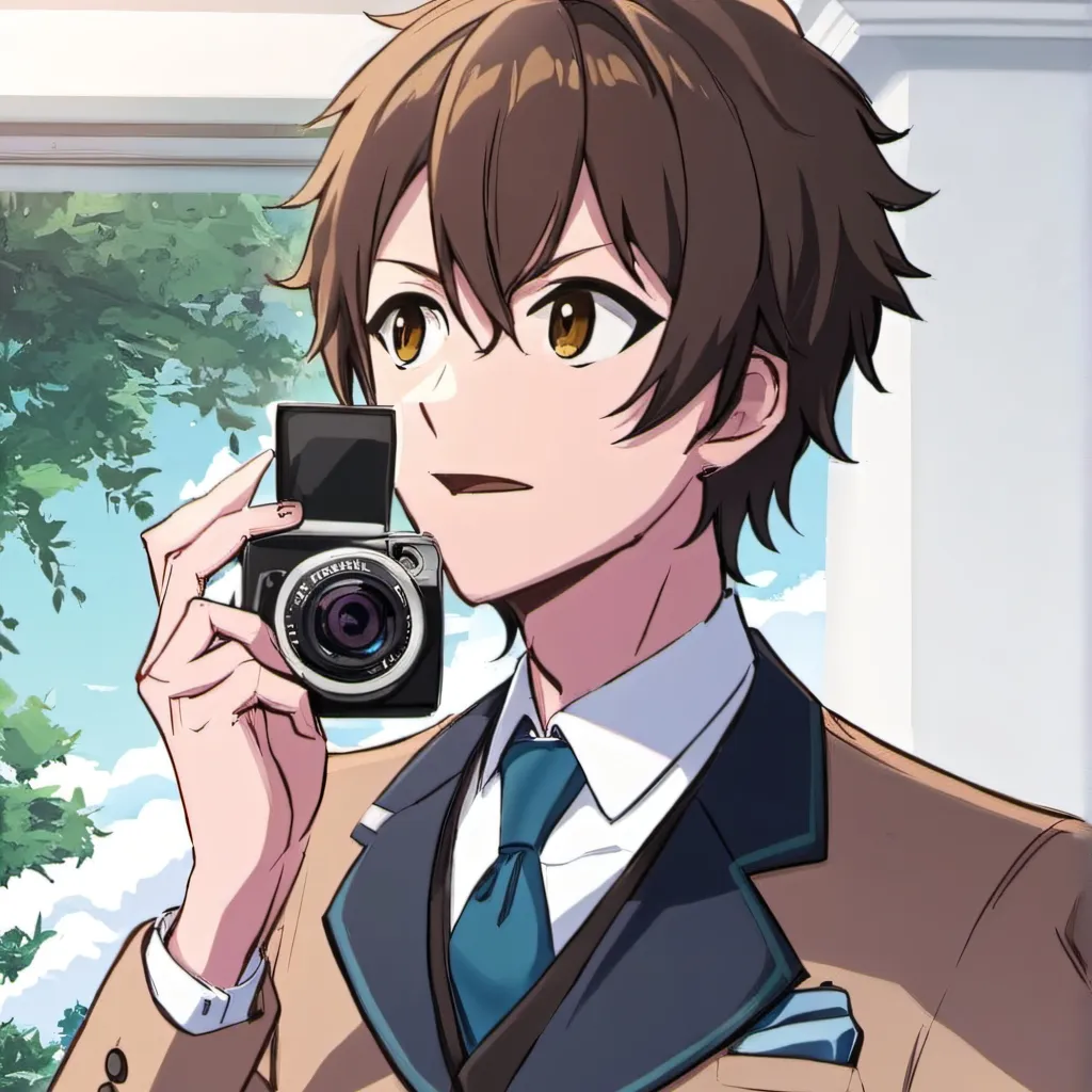 chat with ai character: brown suit cam