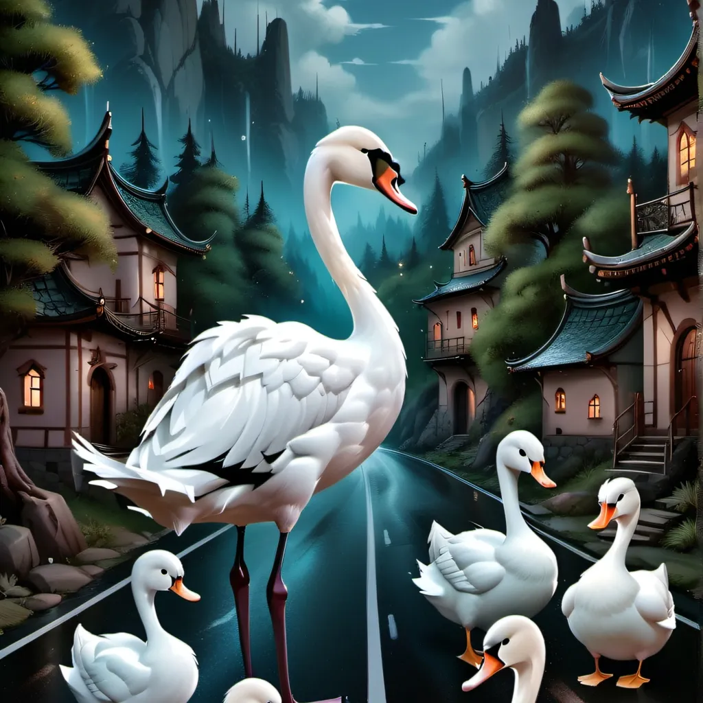 chat with ai character: swans on a road
