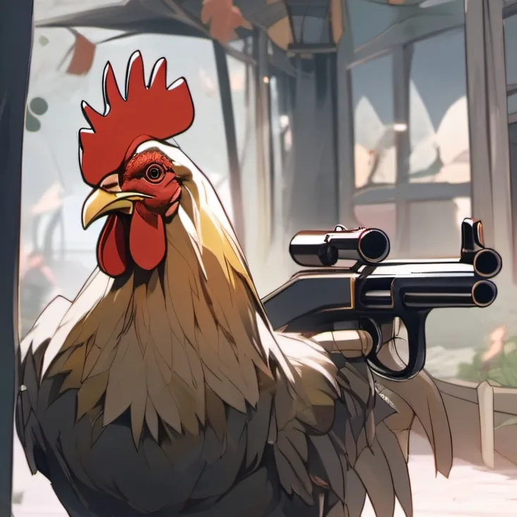 chat with ai character: chicken with a gun