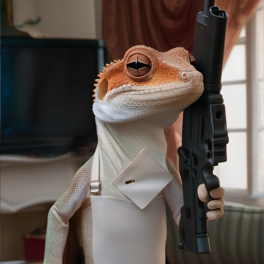 chat with ai character: gecko with gun