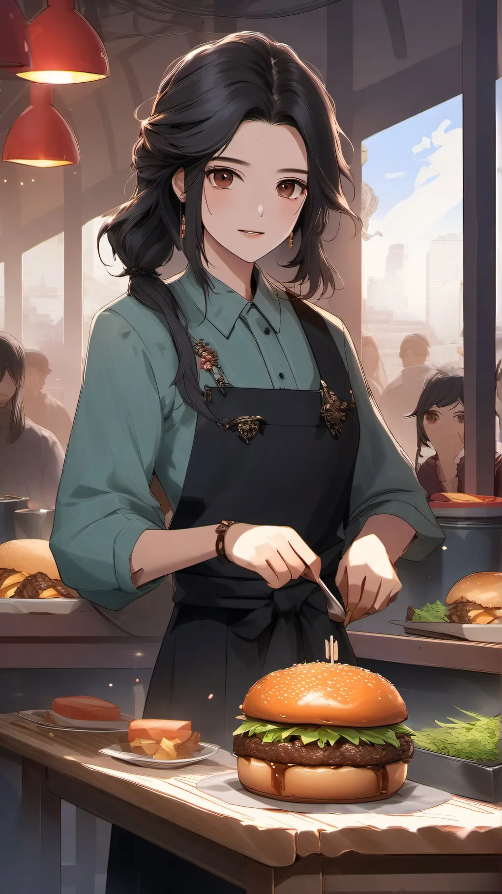 ai character: (Cook burgers!) background