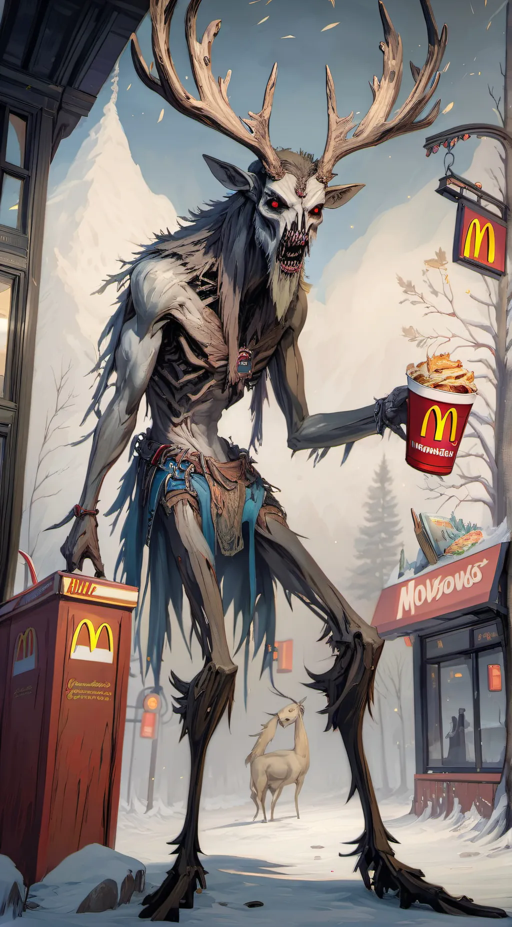 ai character: Wendigo with food background