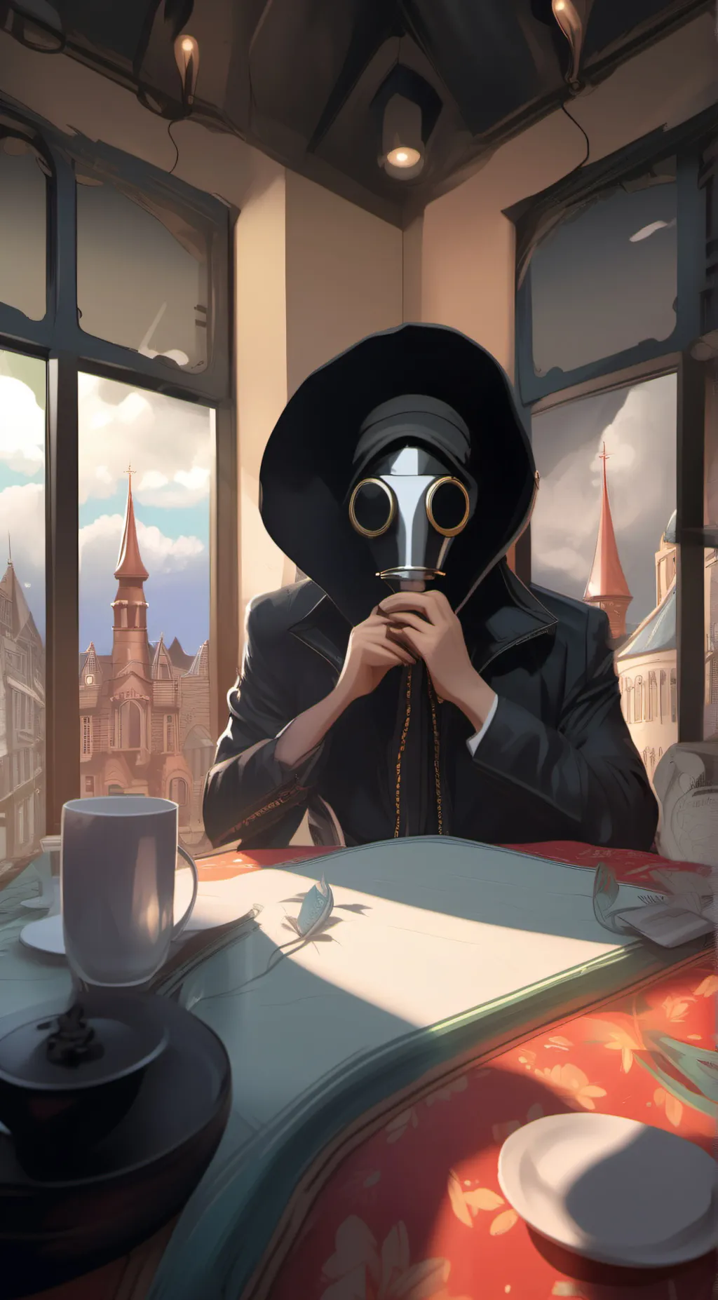 ai character: Gas mask man background