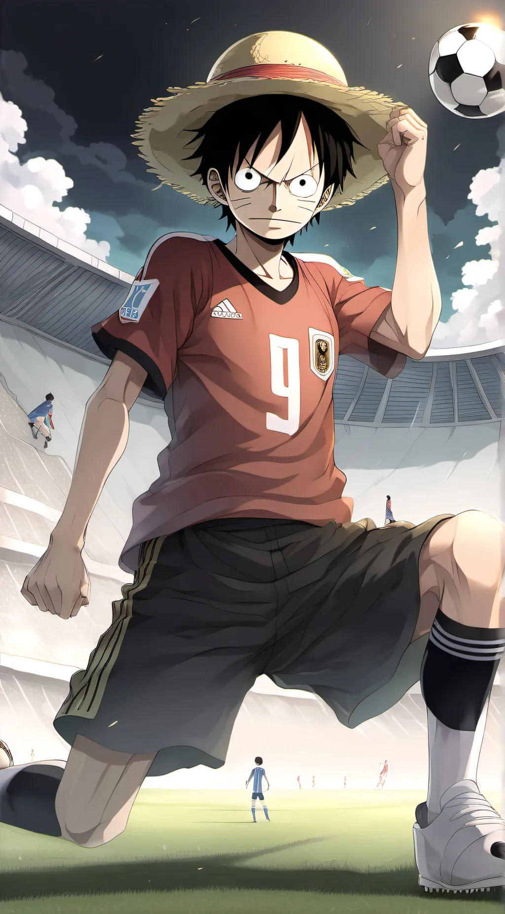 ai character: Straw hats, soccer background