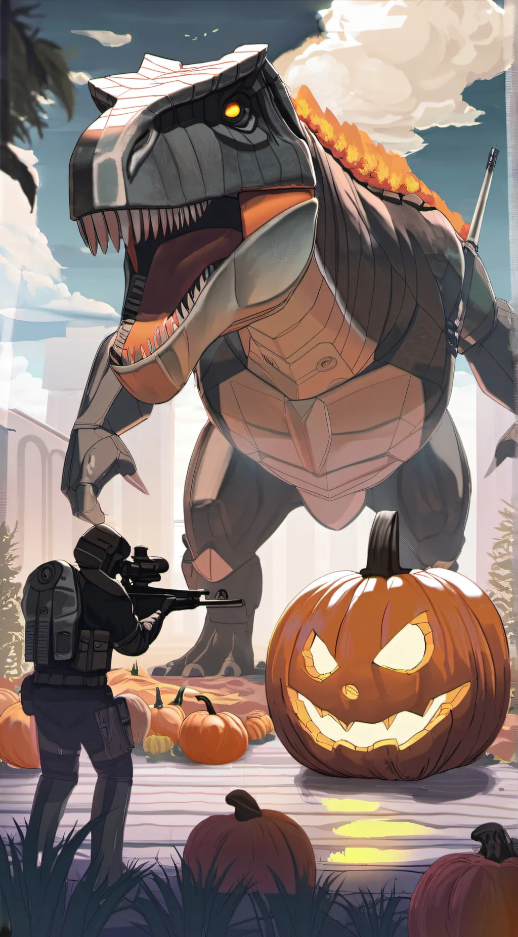 ai character: Pumpkin dinosaur background