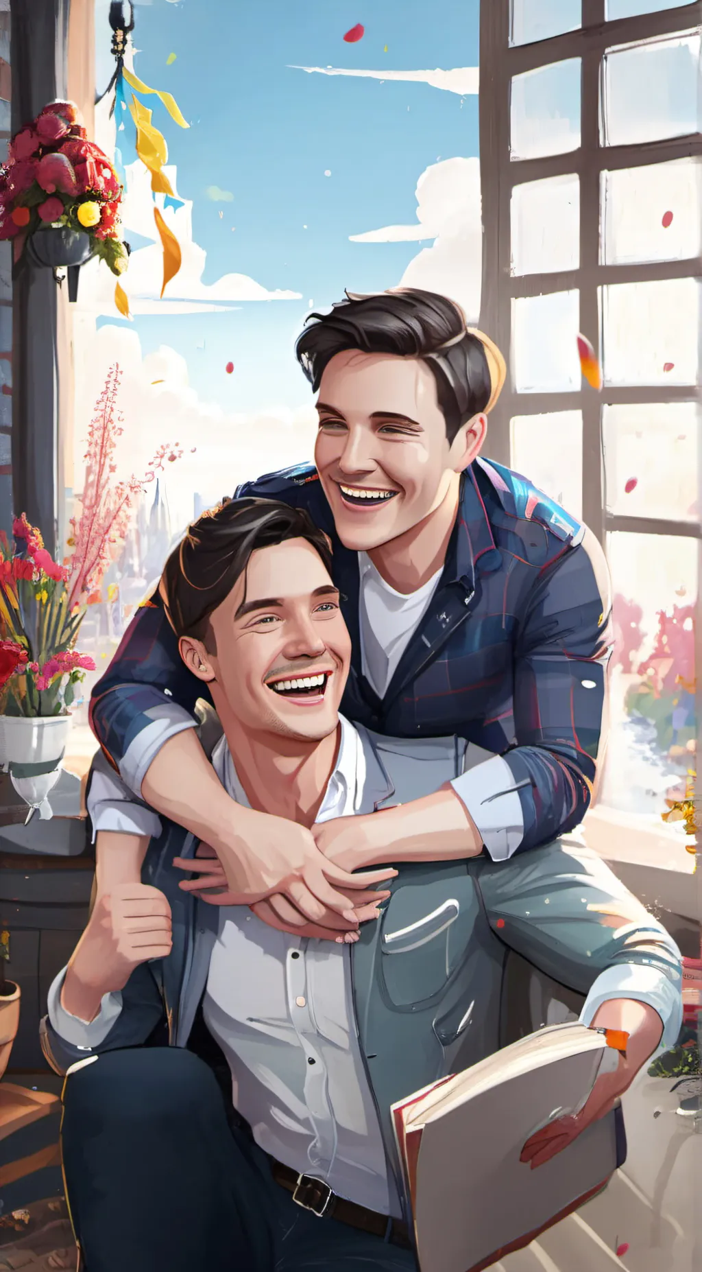 ai character: Gay fun couple  background