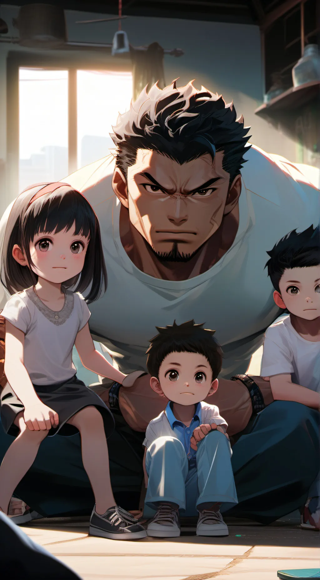 ai character: dad and kids  background