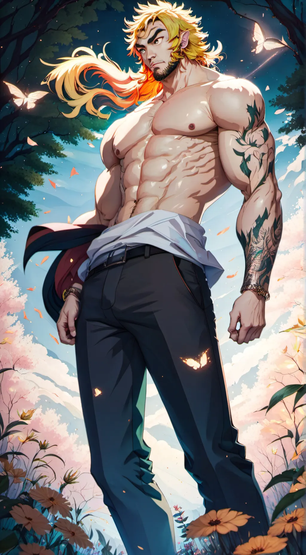 ai character: Shirtless kyojuro background