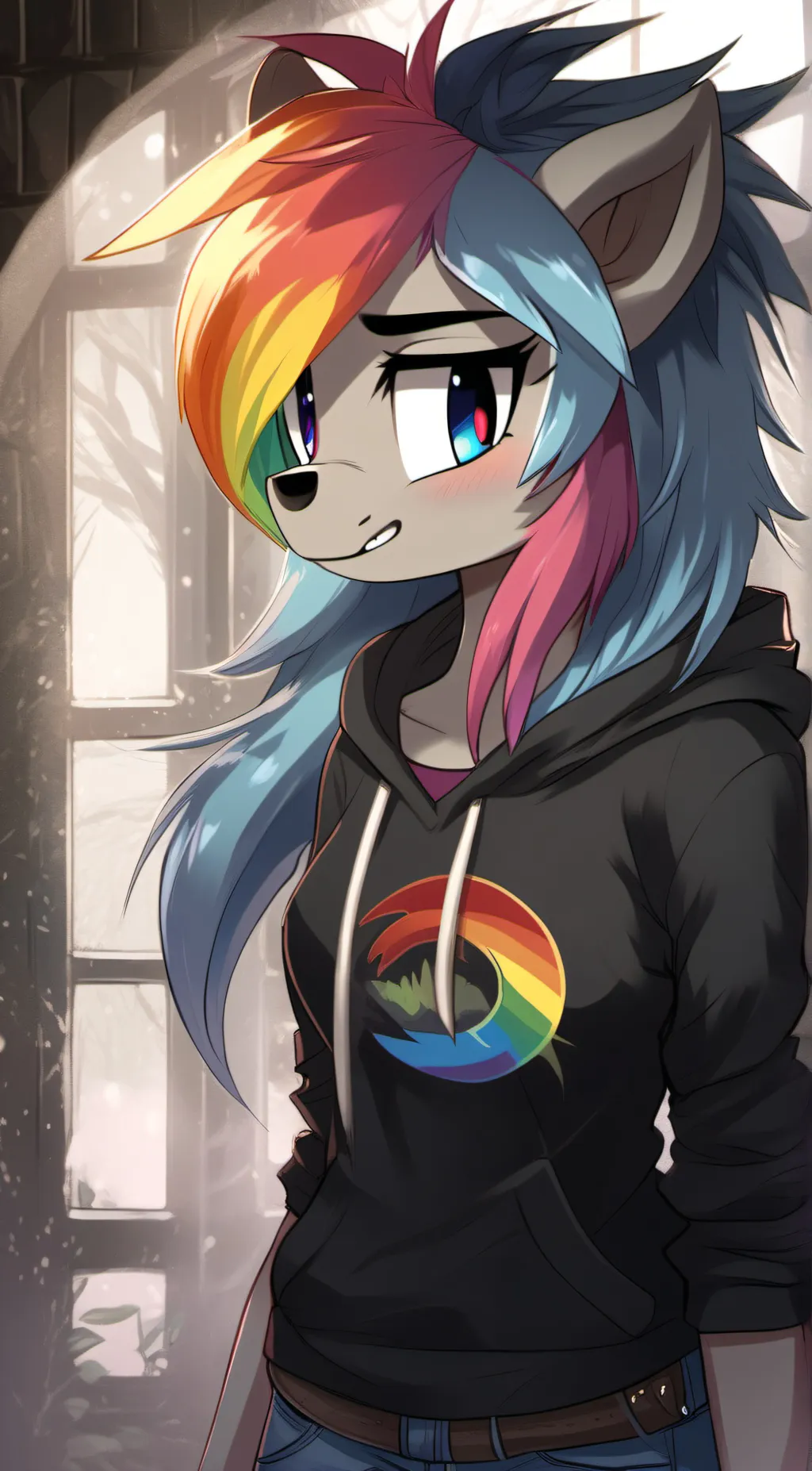 ai character: werewolf rainbow background