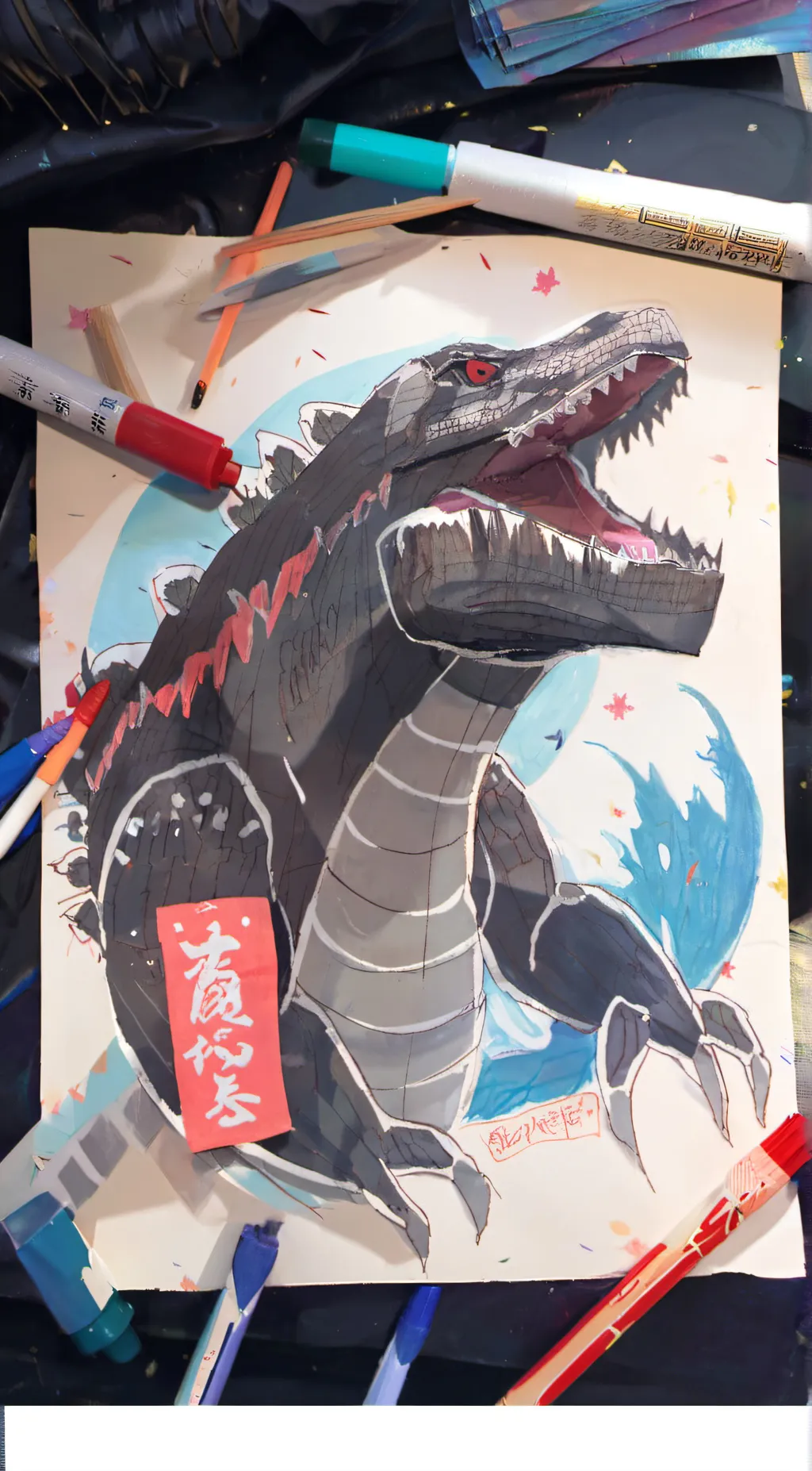 ai character: Godzilla drawing background