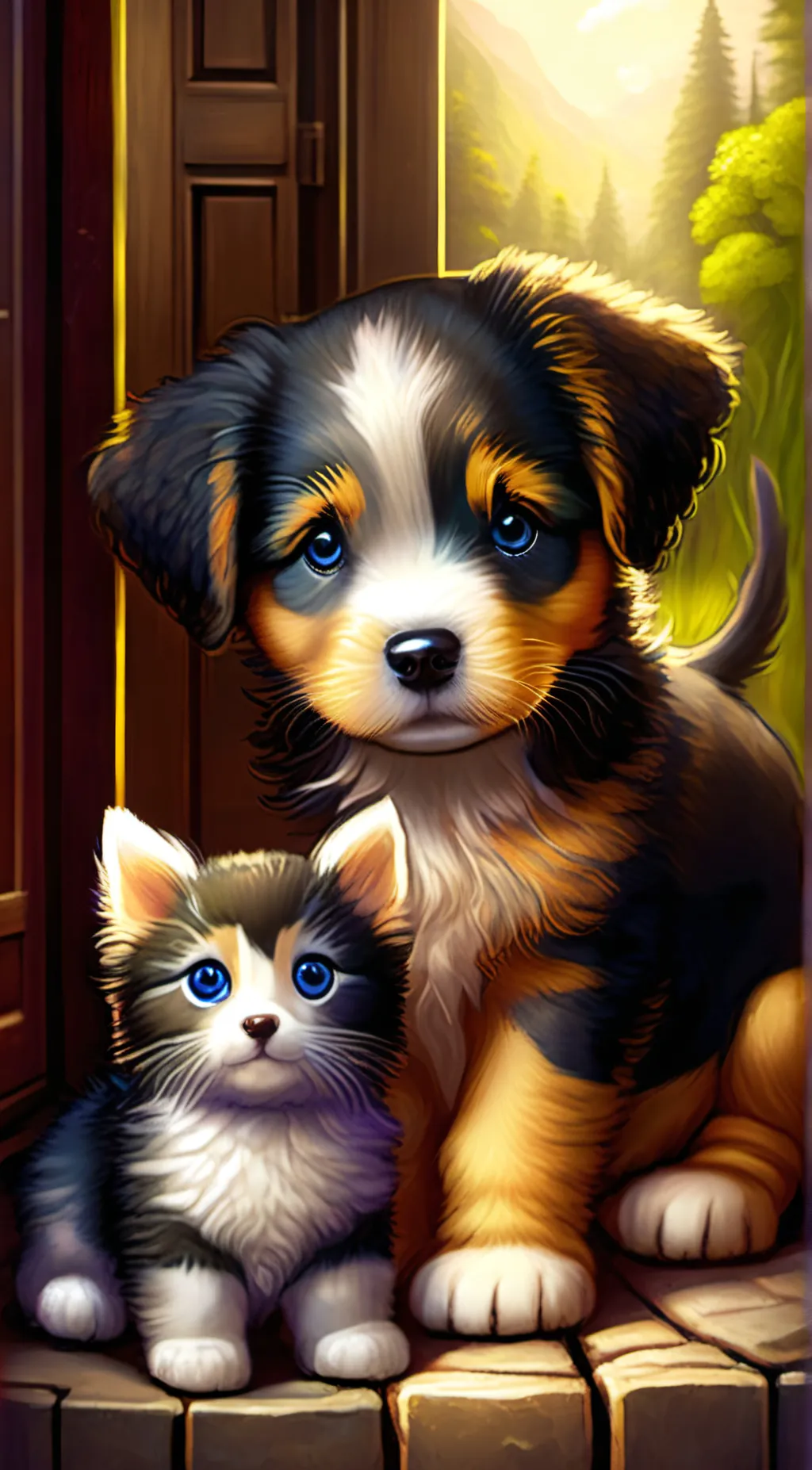 ai character: kitty and puppy  background
