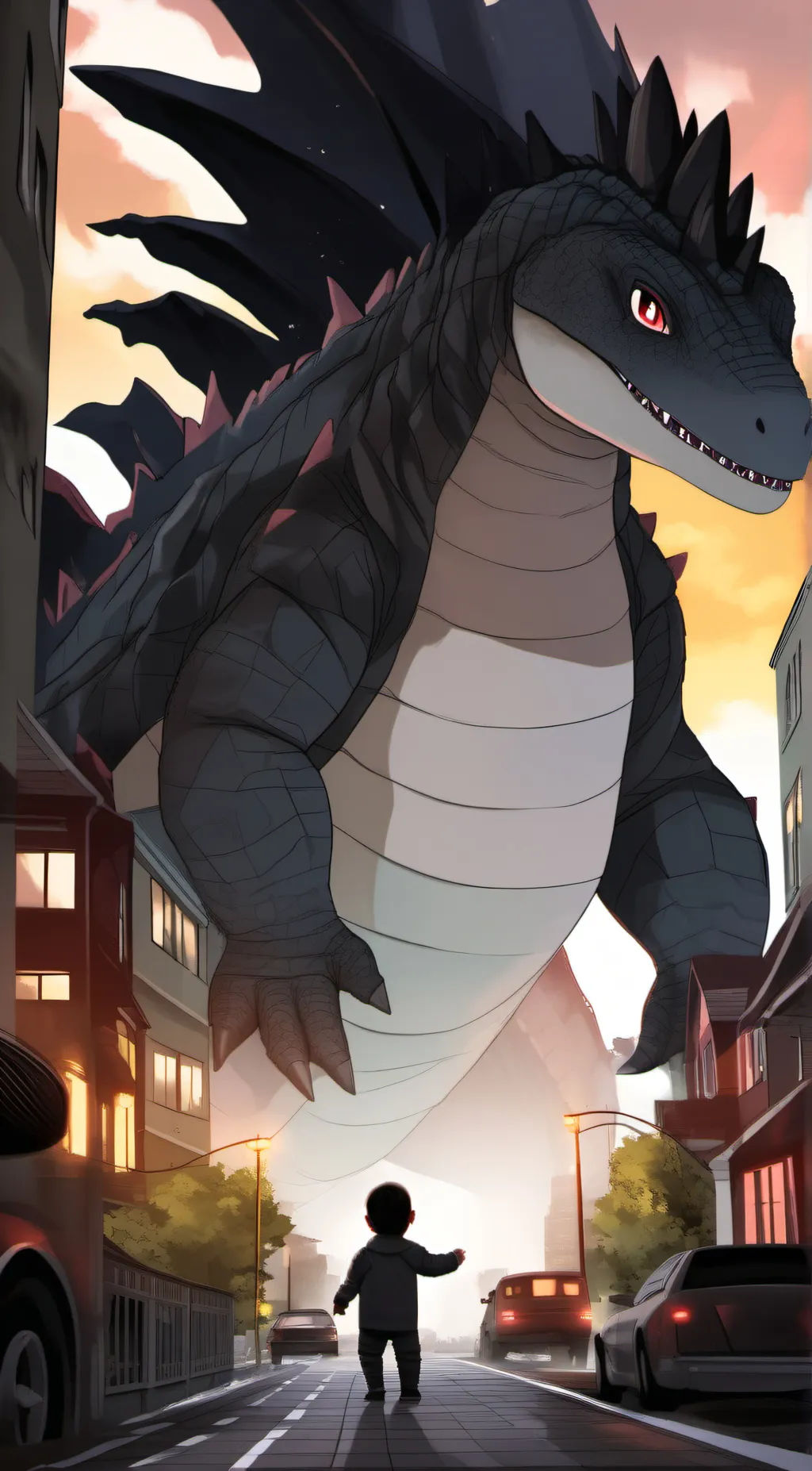 ai character: Baby Godzilla  background