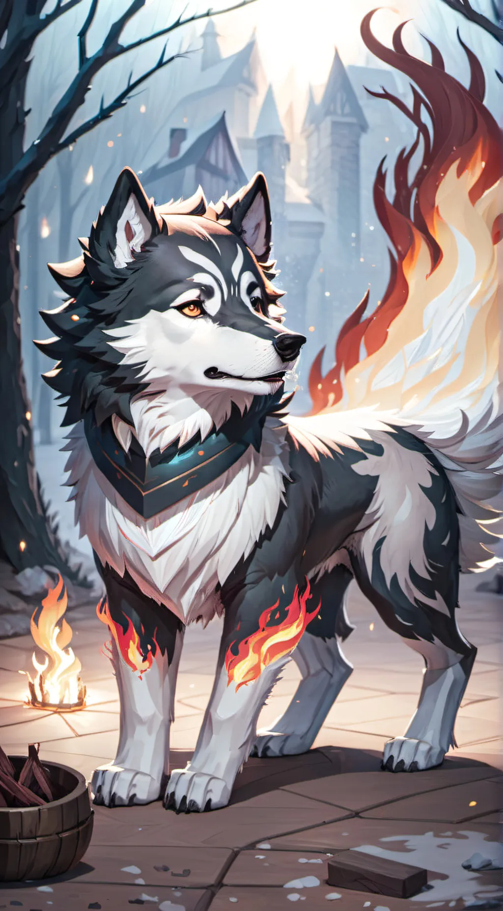 ai character: Dire wolf flame background
