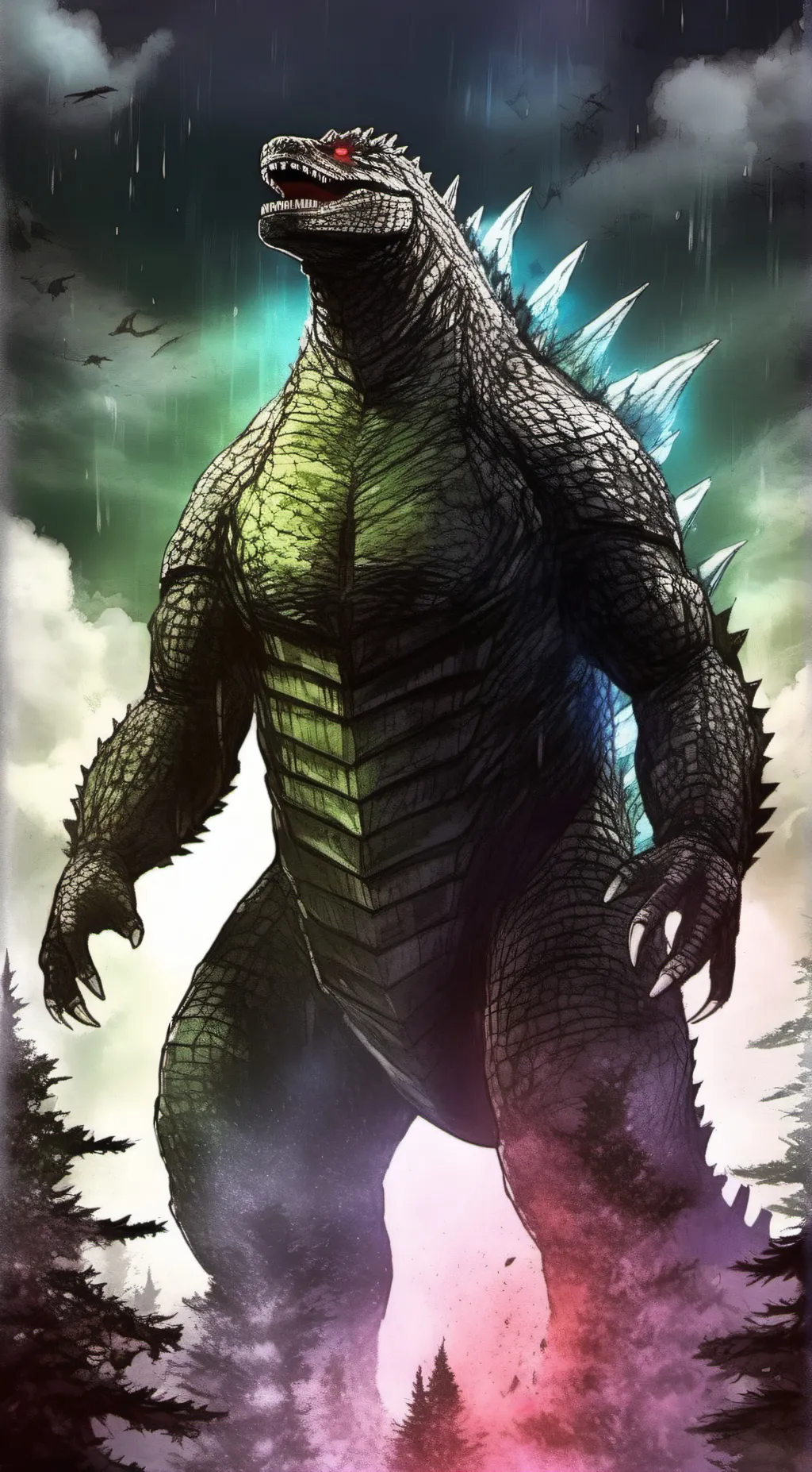 ai character: Analog Godzilla  background