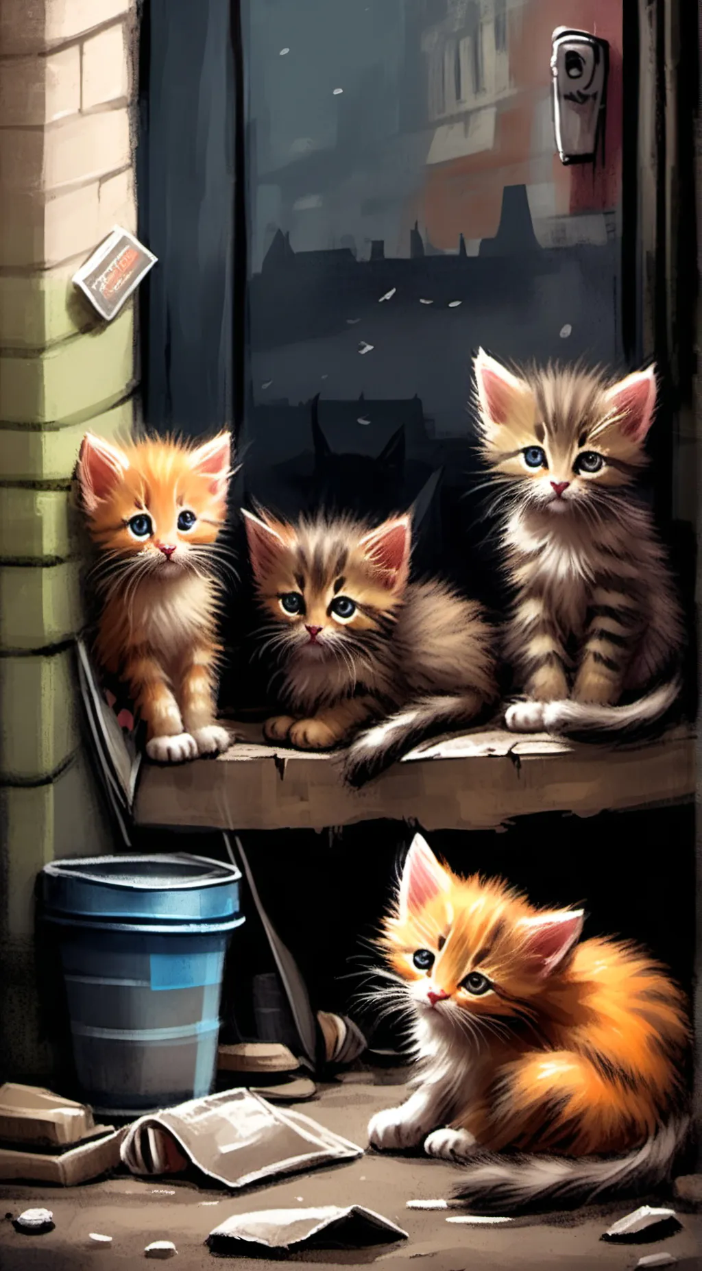ai character: Homeless kittens background