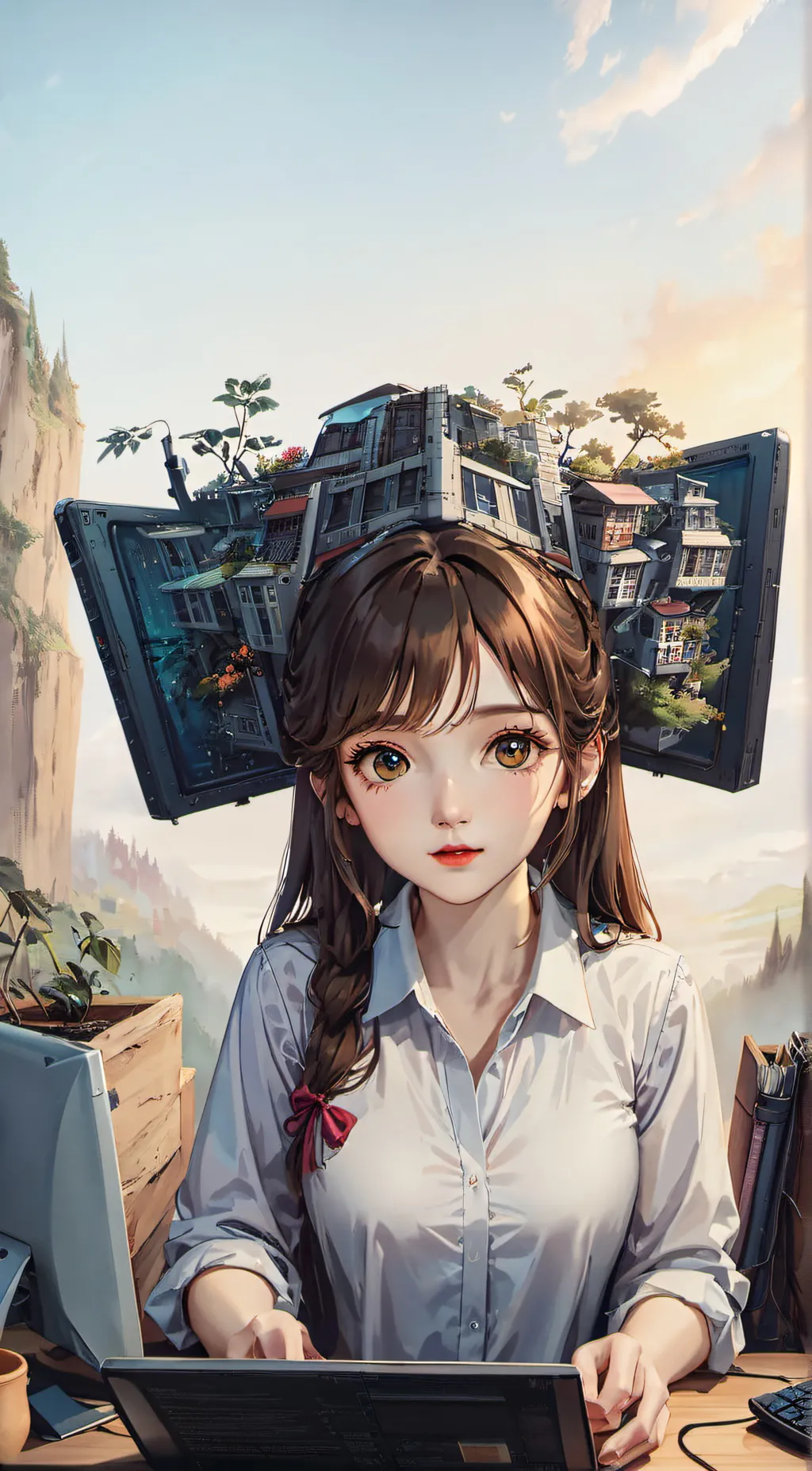 ai character: computer woman  background