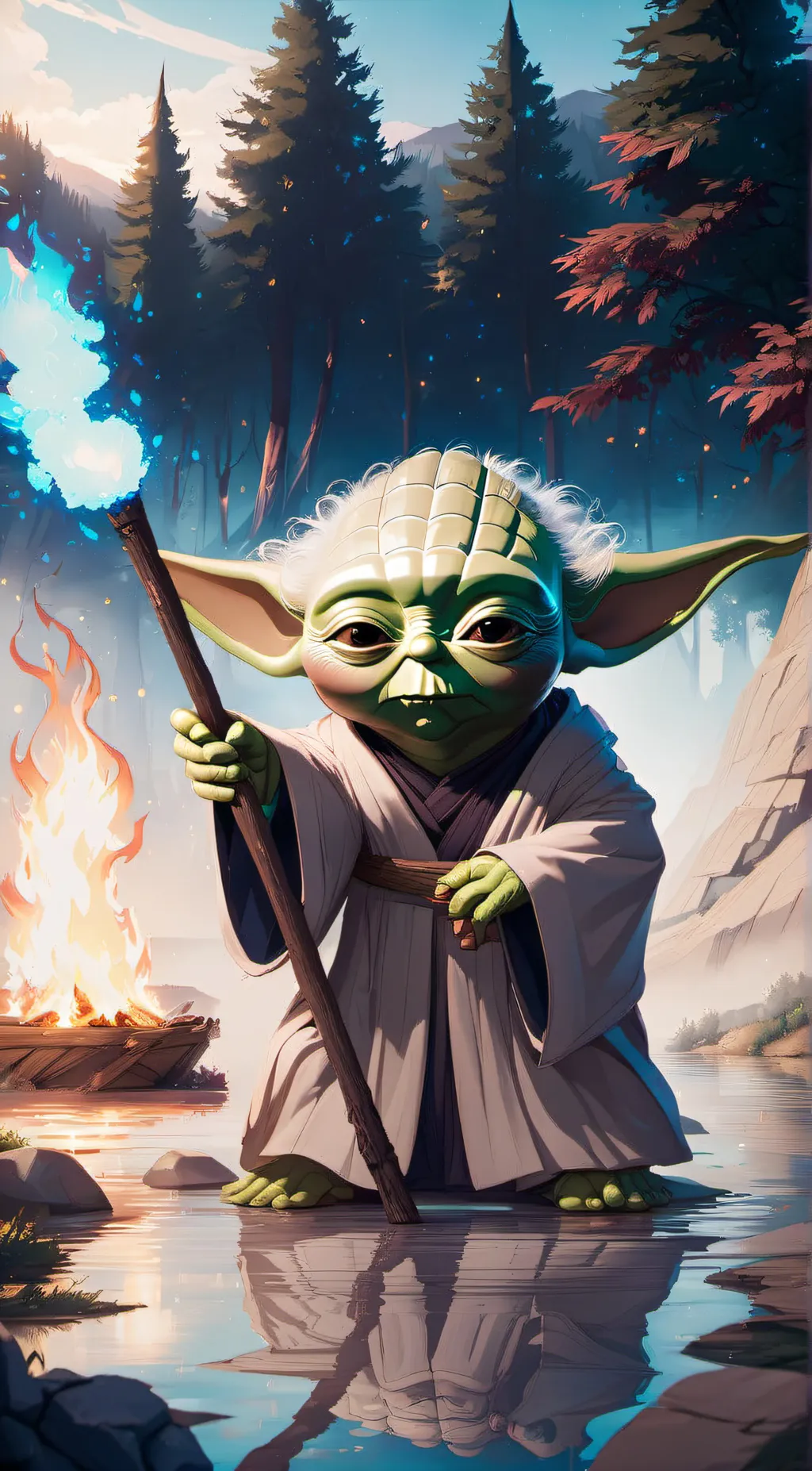 ai character: Yoda with a stick  background