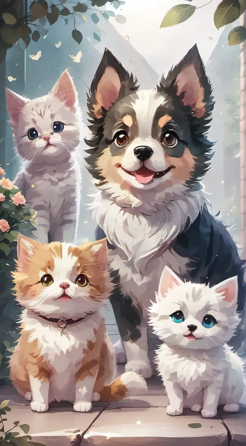 ai character: 3 cats and a dog background